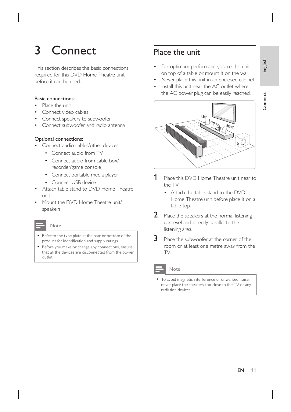 3 connect, Place the unit | Philips HTS4600 User Manual | Page 11 / 46