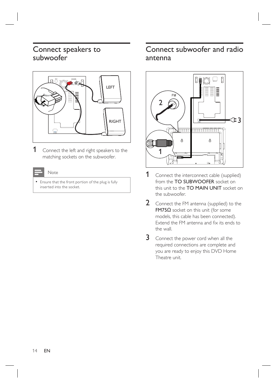 Connect speakers to subwoofer, Connect subwoofer and radio antenna | Philips HTS4600 User Manual | Page 14 / 46