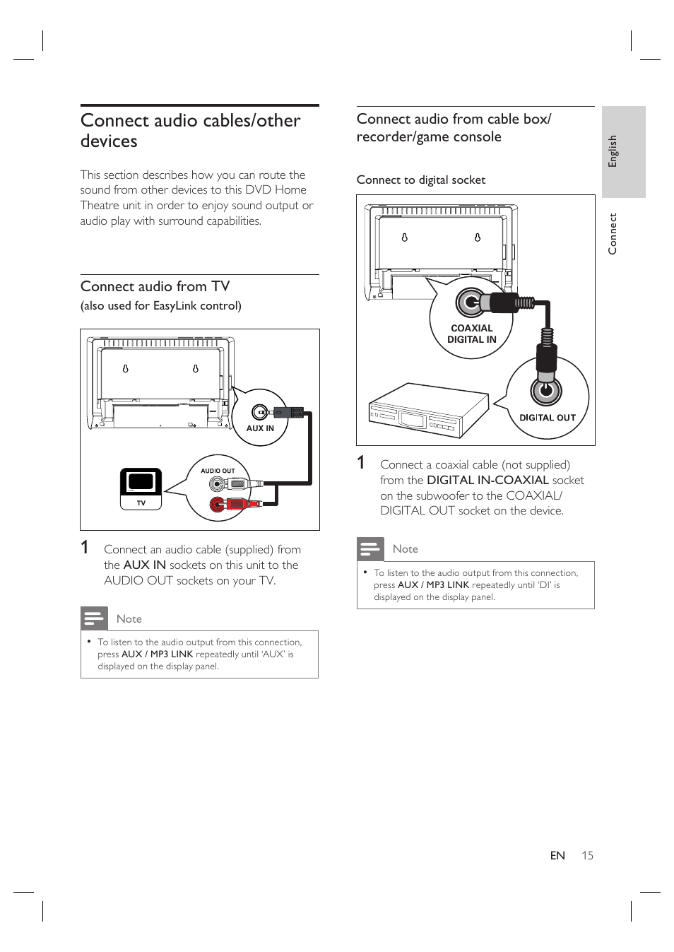 Connect audio cables/other devices, Connect audio from tv | Philips HTS4600 User Manual | Page 15 / 46