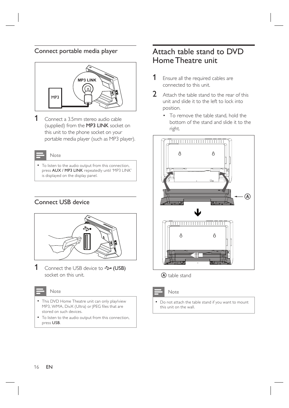 Attach table stand to dvd home theatre unit 1 | Philips HTS4600 User Manual | Page 16 / 46