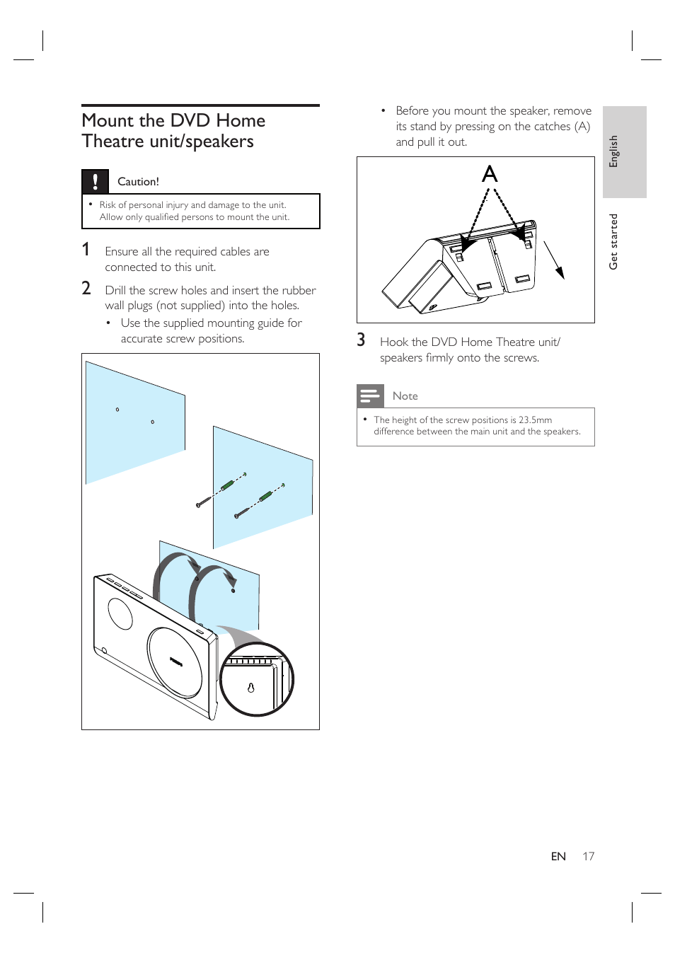 Mount the dvd home theatre unit/speakers | Philips HTS4600 User Manual | Page 17 / 46