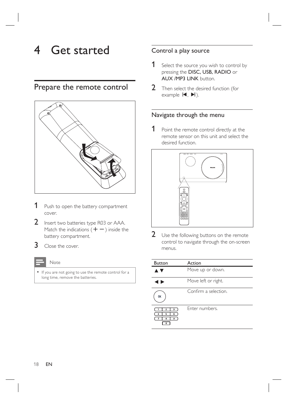 4 get started, Prepare the remote control 1 | Philips HTS4600 User Manual | Page 18 / 46