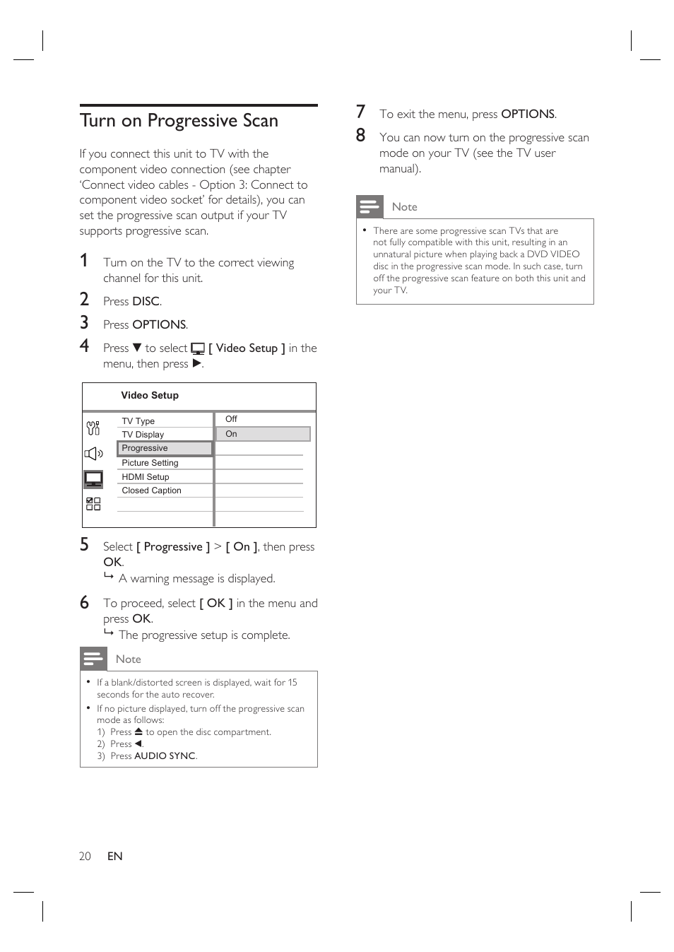 Turn on progressive scan | Philips HTS4600 User Manual | Page 20 / 46