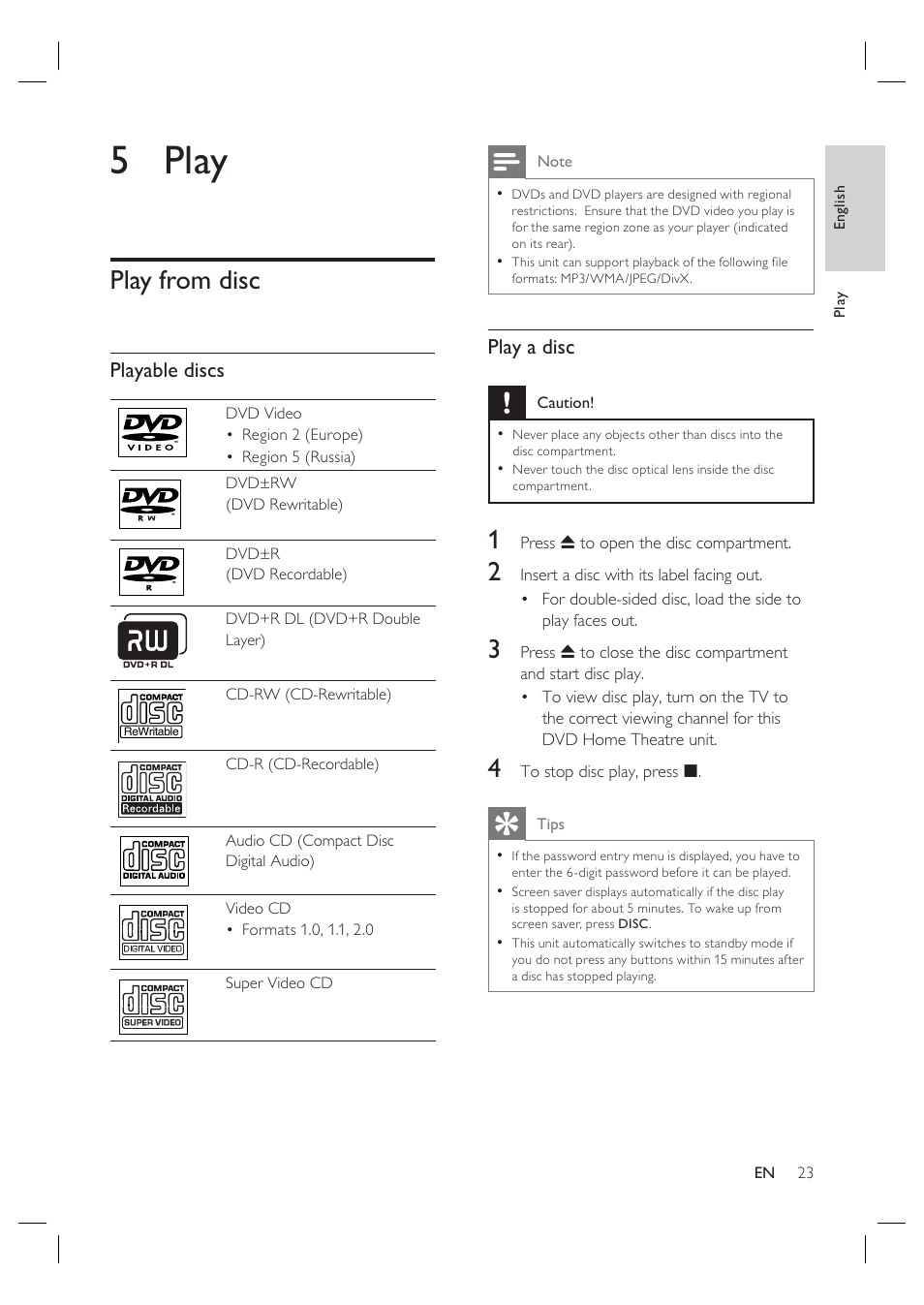 5 play, Play from disc | Philips HTS4600 User Manual | Page 23 / 46