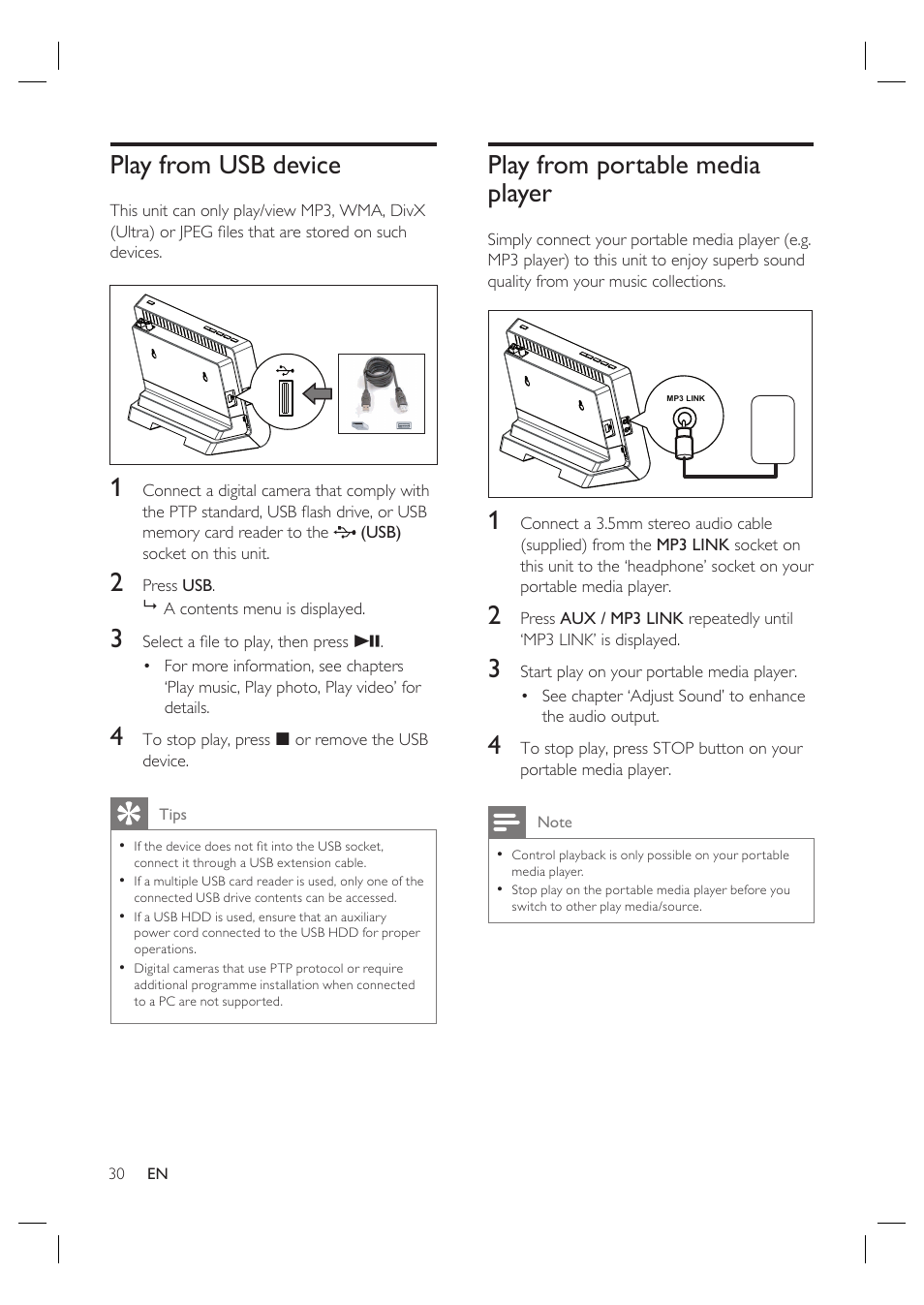 Play from usb device, Play from portable media player | Philips HTS4600 User Manual | Page 30 / 46