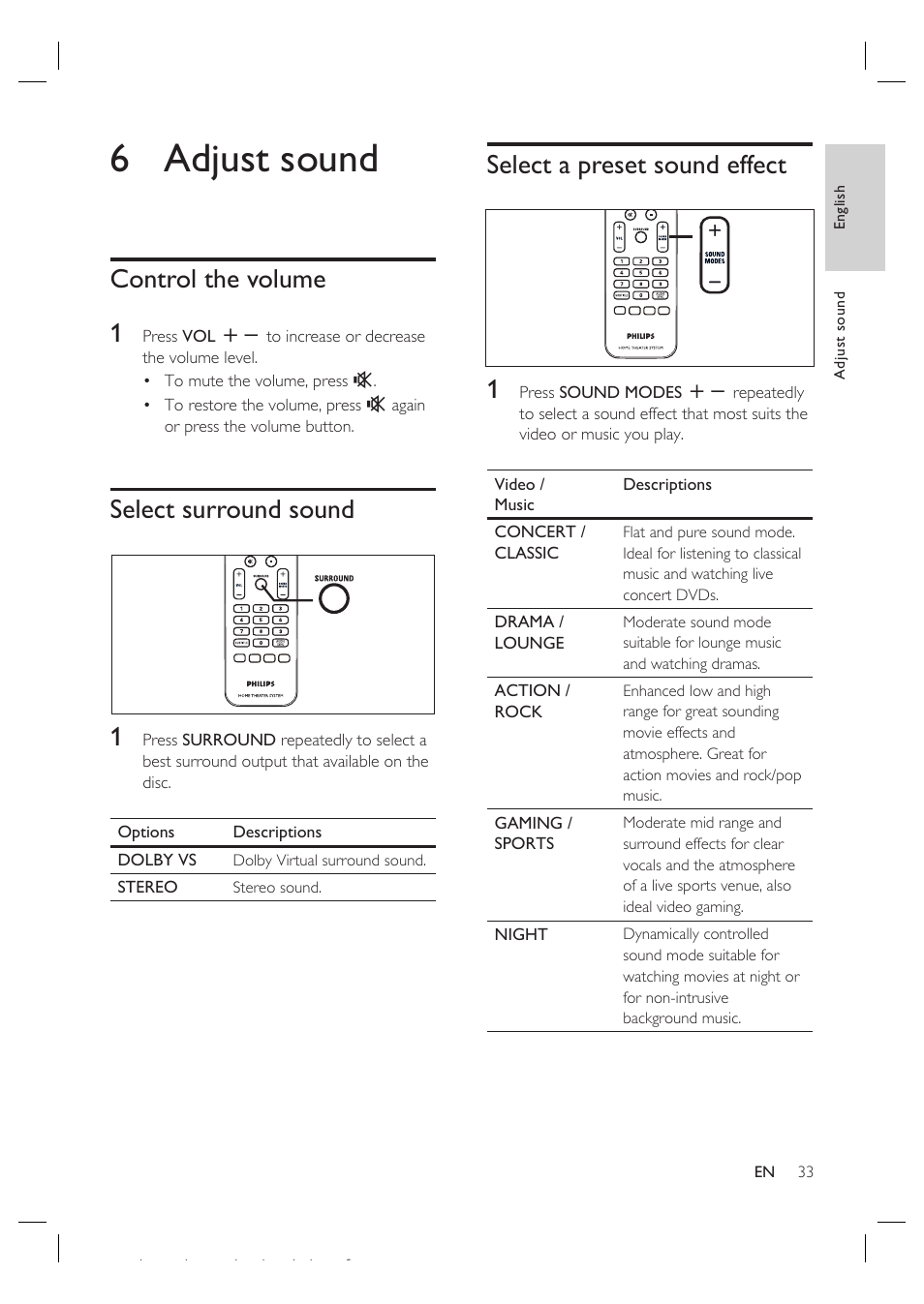 6 adjust sound, Control the volume 1, Select surround sound 1 | Select a preset sound effect 1 | Philips HTS4600 User Manual | Page 33 / 46
