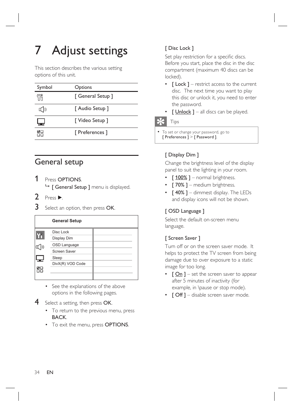 7 adjust settings, General setup 1 | Philips HTS4600 User Manual | Page 34 / 46