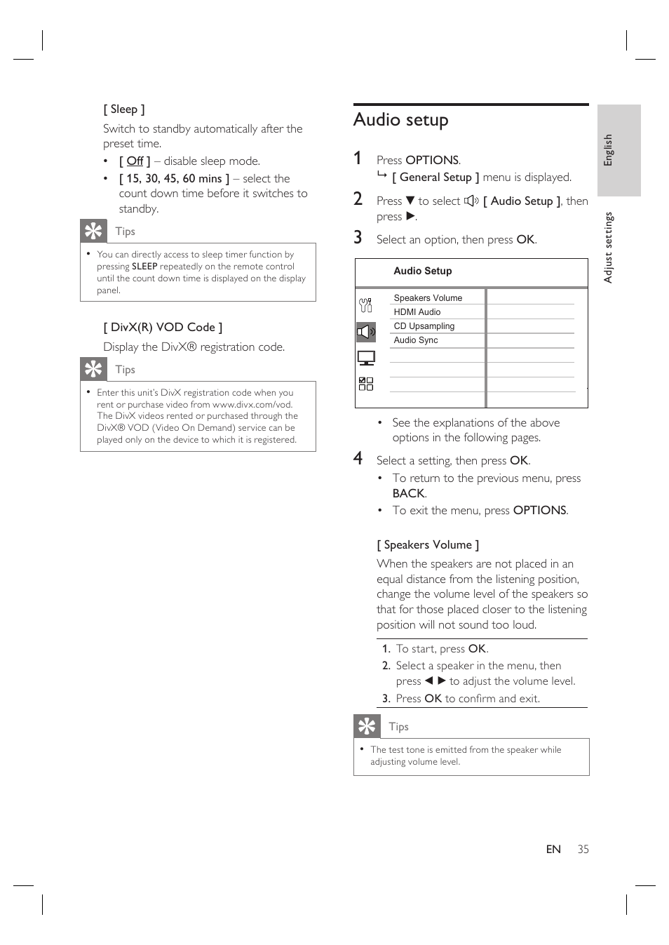 Audio setup 1 | Philips HTS4600 User Manual | Page 35 / 46