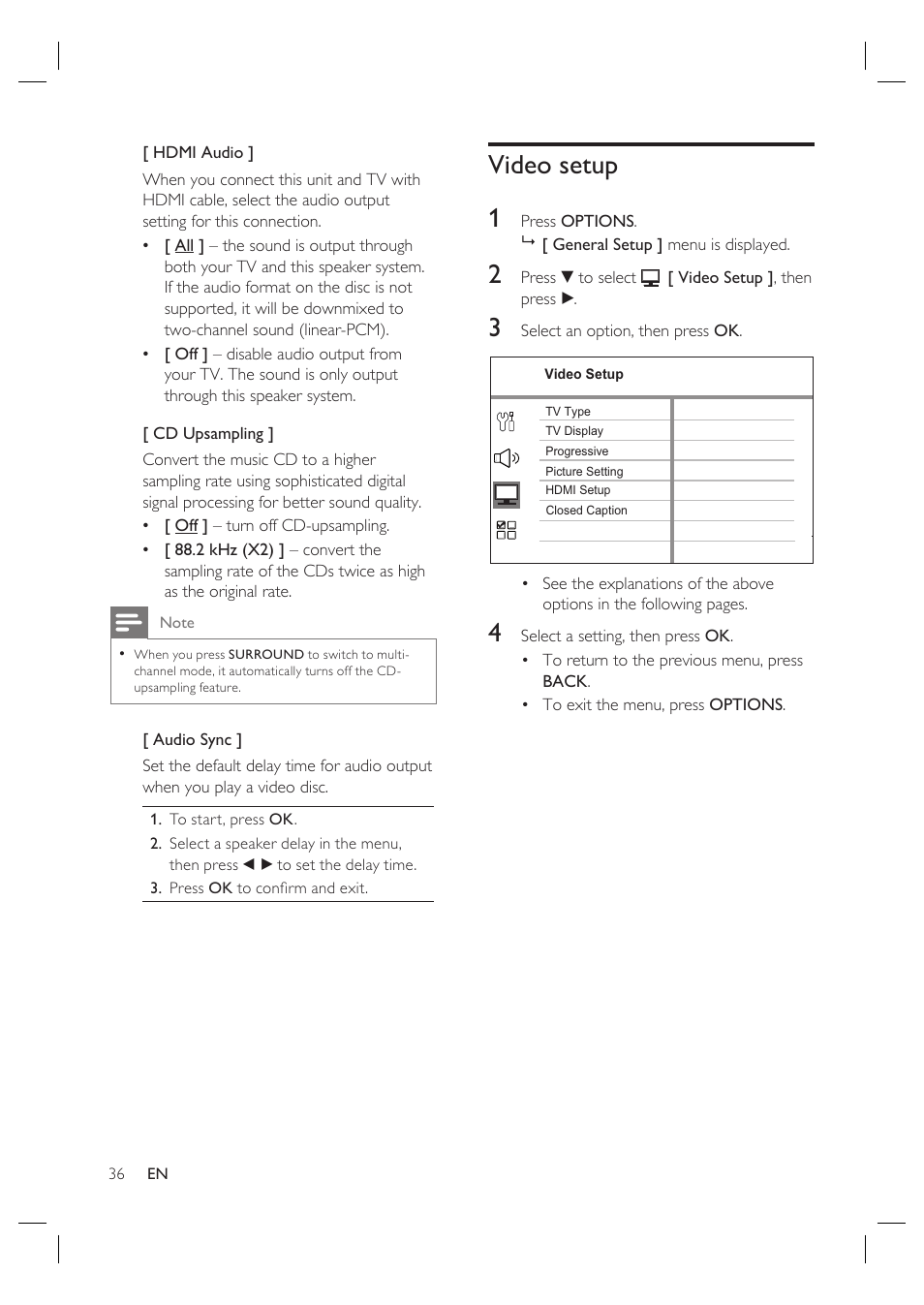 Video setup 1 | Philips HTS4600 User Manual | Page 36 / 46