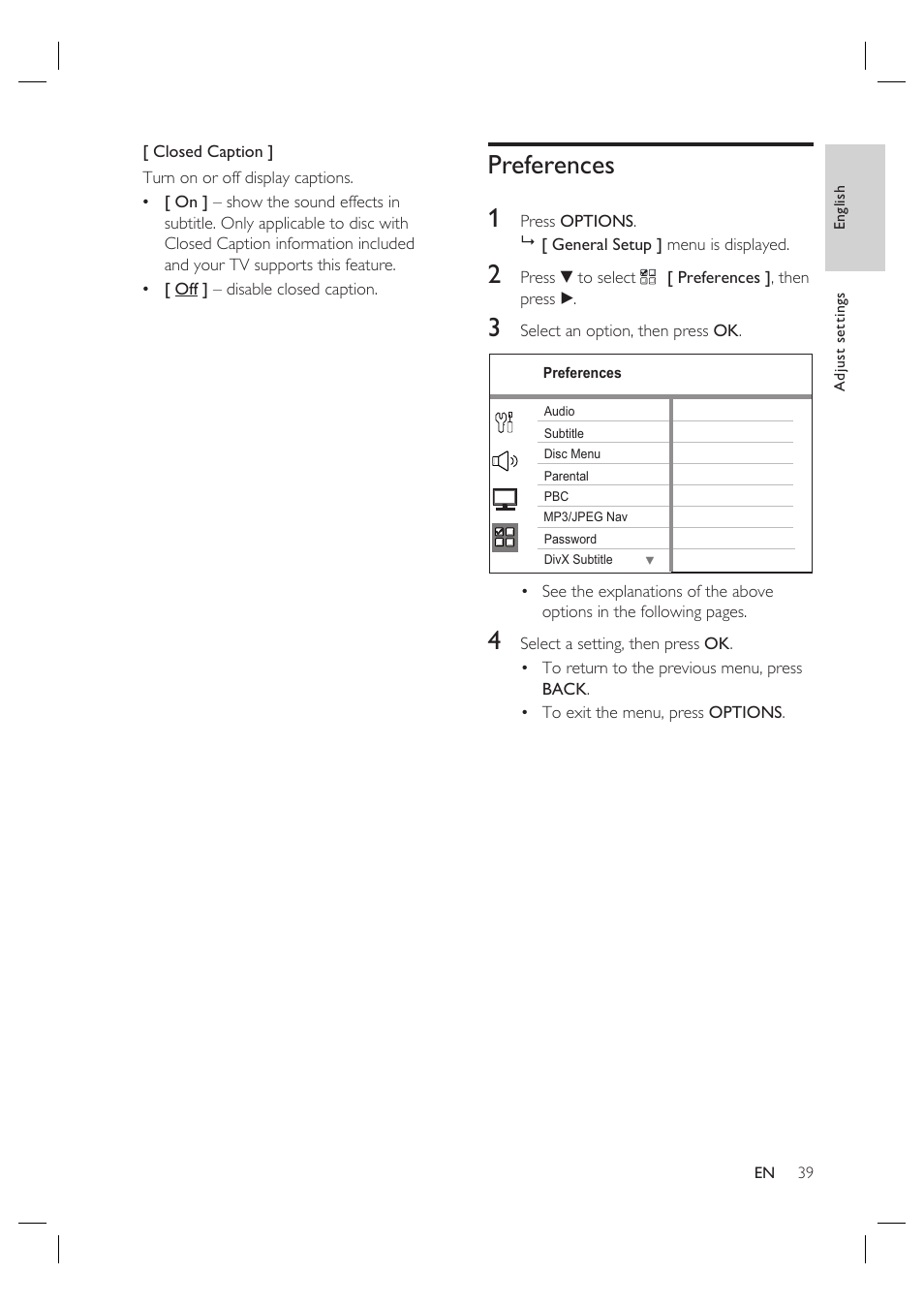 Preferences 1 | Philips HTS4600 User Manual | Page 39 / 46