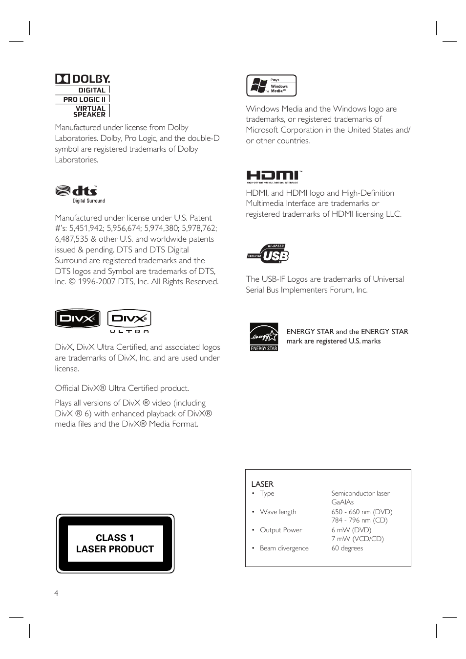 Class 1 laser product | Philips HTS4600 User Manual | Page 4 / 46