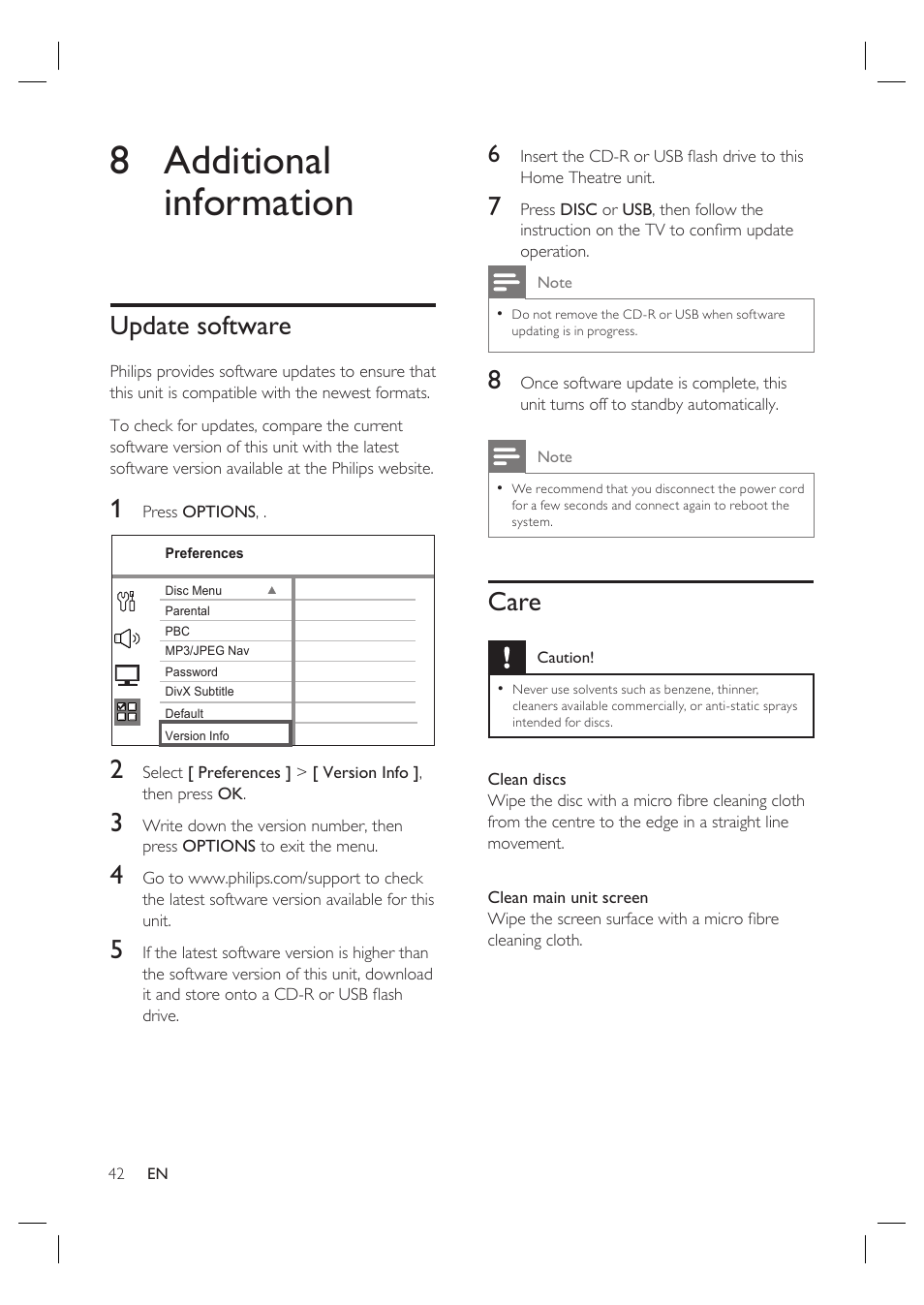 8 additional information, Update software, Care | Philips HTS4600 User Manual | Page 42 / 46