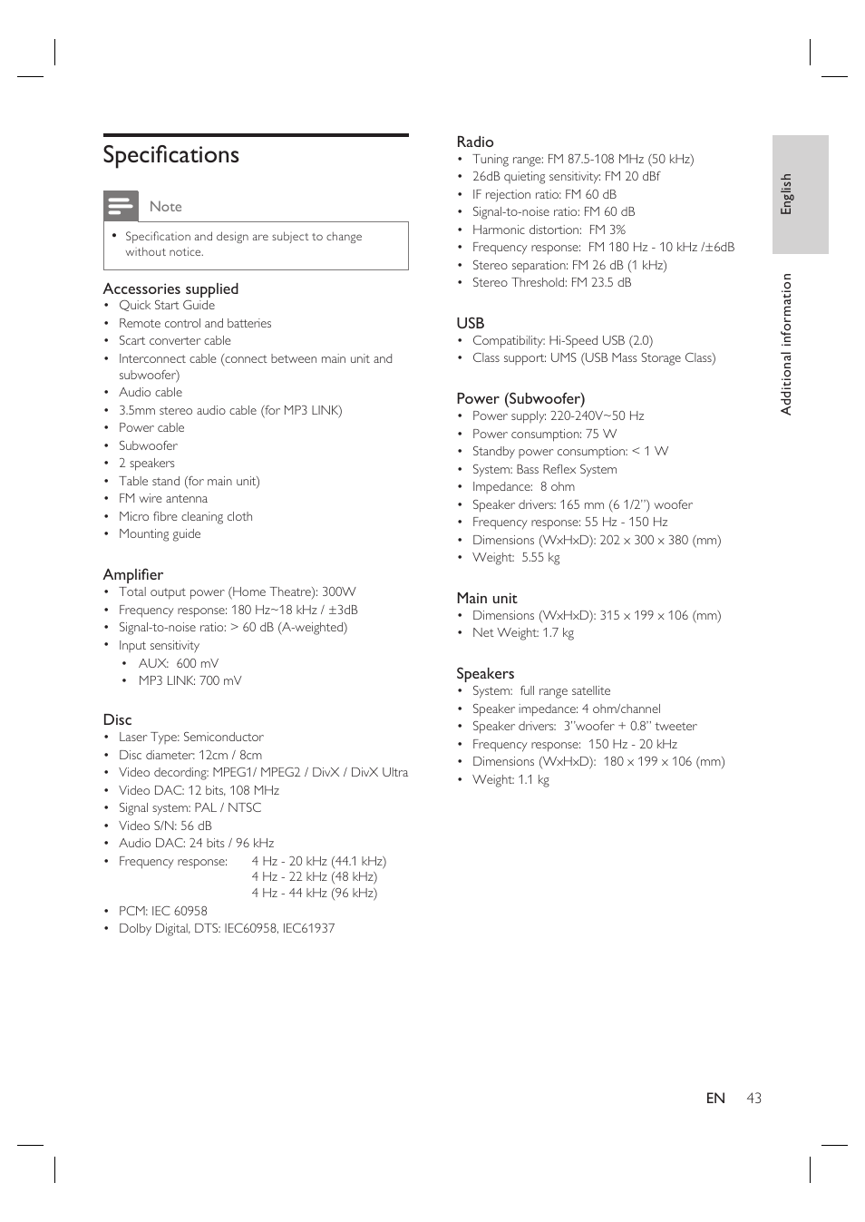 Specifi cations | Philips HTS4600 User Manual | Page 43 / 46