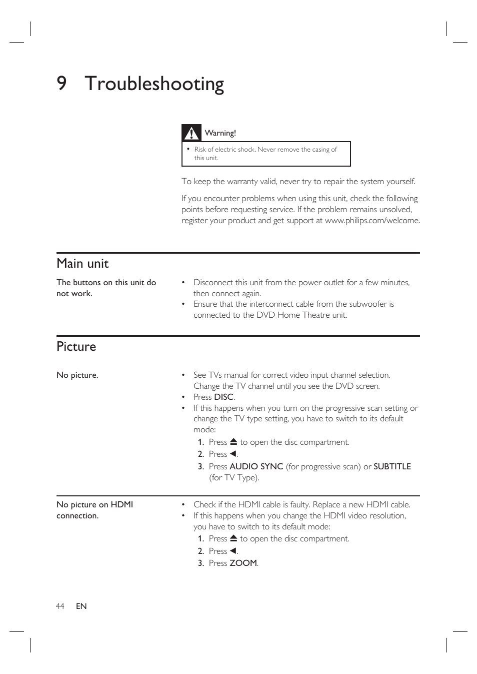 9 troubleshooting, Main unit, Picture | Philips HTS4600 User Manual | Page 44 / 46