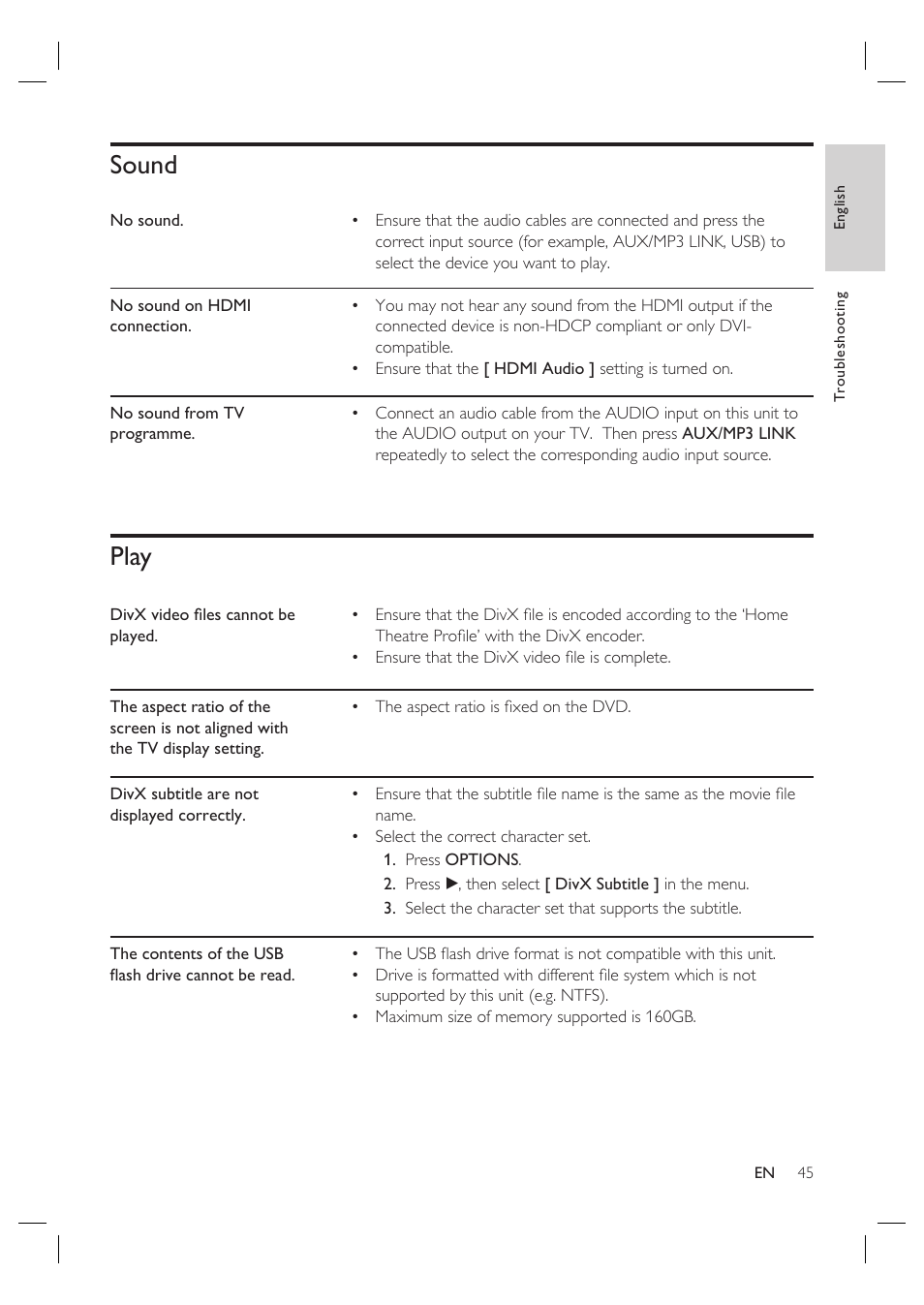Sound, Play | Philips HTS4600 User Manual | Page 45 / 46