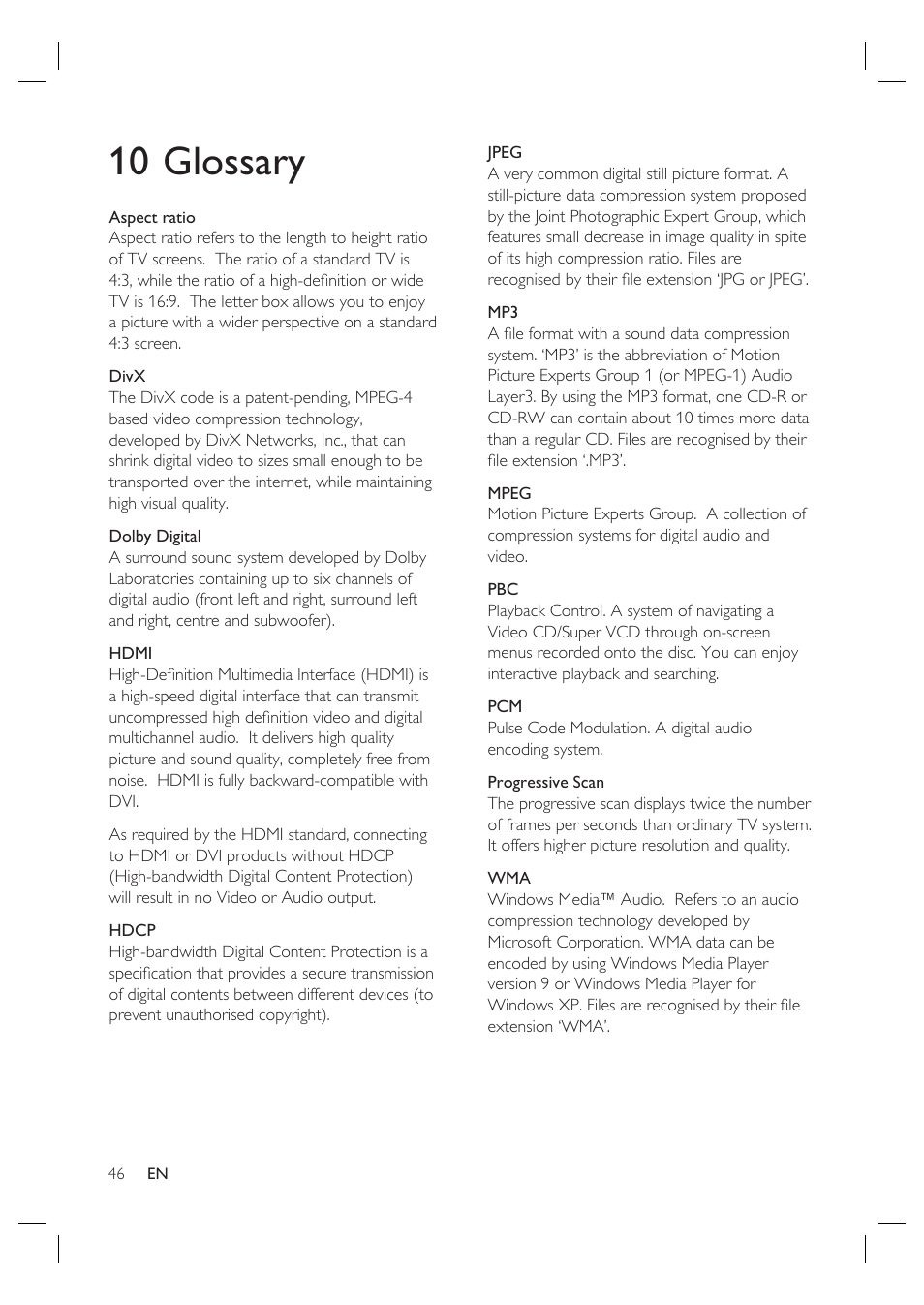 10 glossary | Philips HTS4600 User Manual | Page 46 / 46