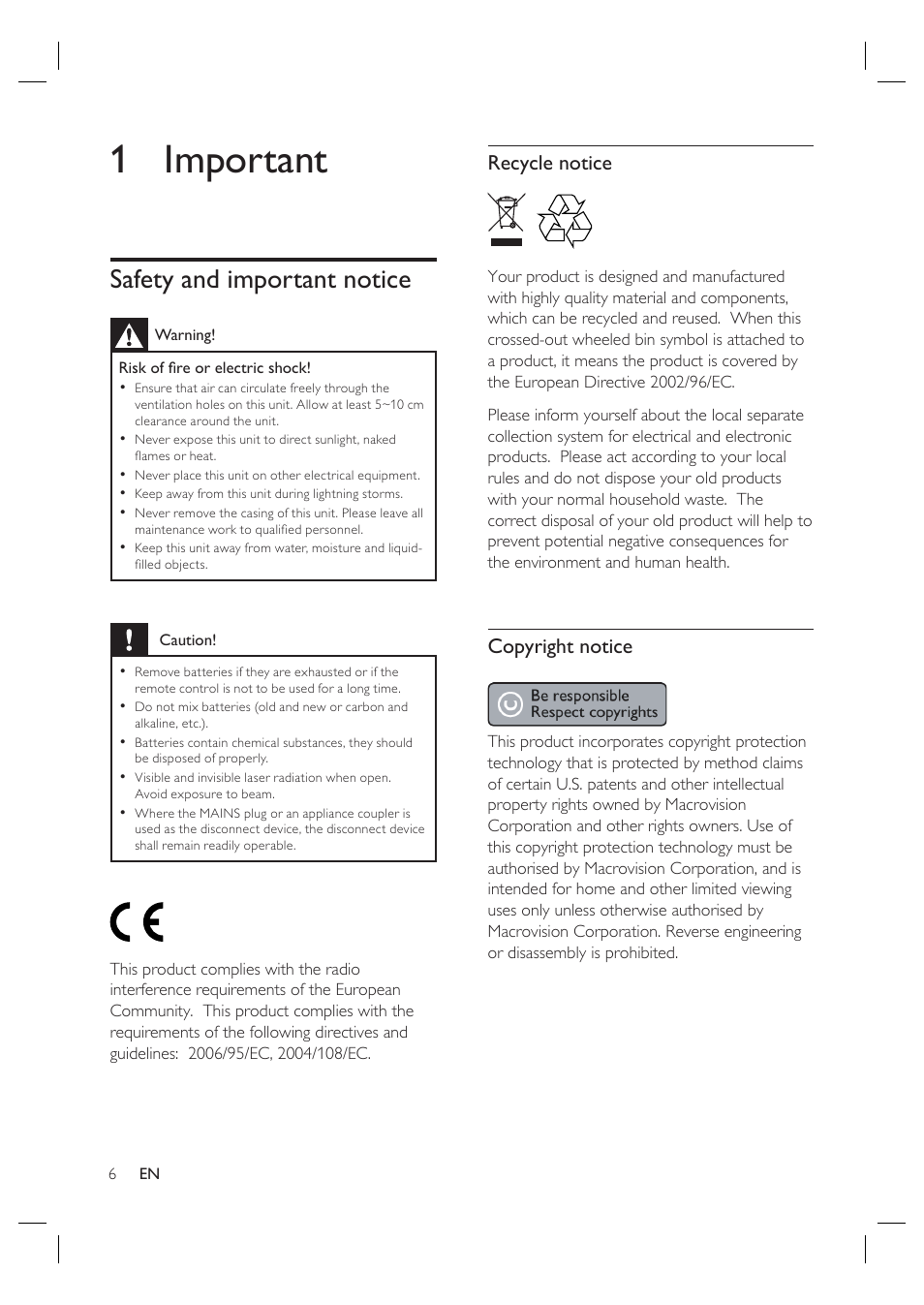 1 important, Safety and important notice, Recycle notice | Copyright notice | Philips HTS4600 User Manual | Page 6 / 46
