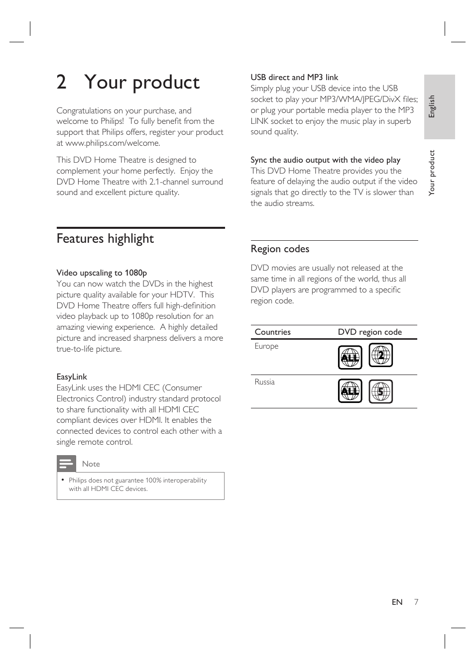 2 your product, Features highlight | Philips HTS4600 User Manual | Page 7 / 46