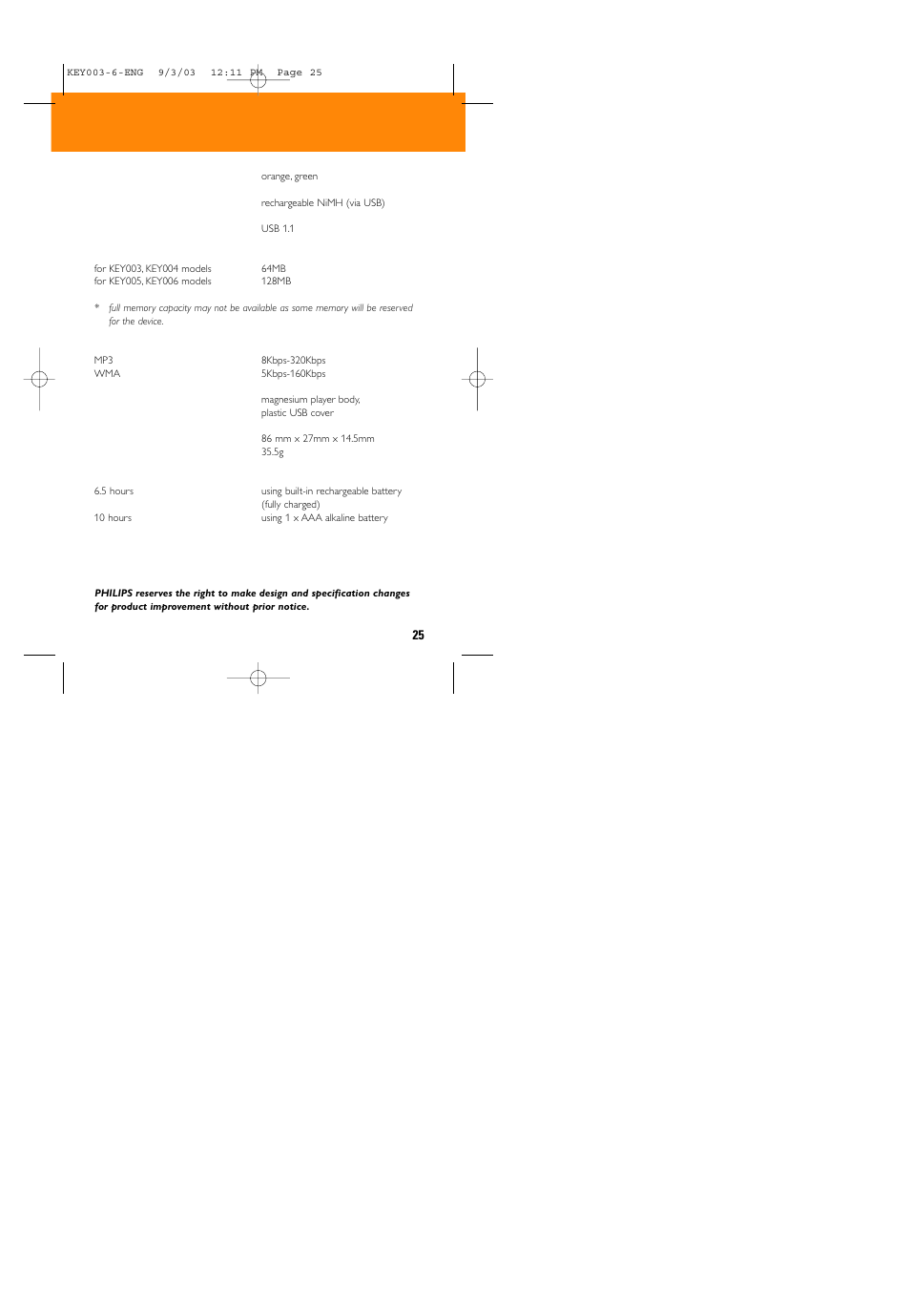 Technical data | Philips Audio Key Ring KEY003 User Manual | Page 25 / 27