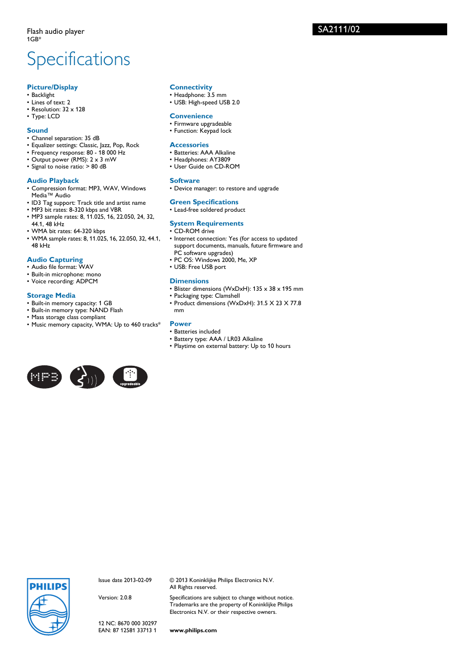 Specifications | Philips Audio Player SA2111 User Manual | Page 2 / 2