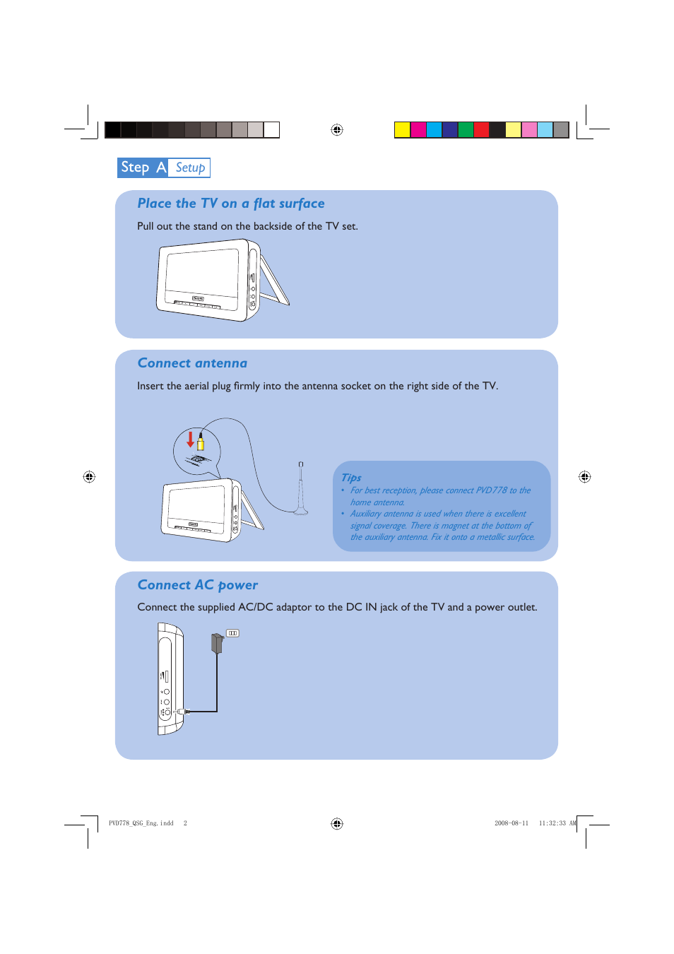 Place the tv on a fl at surface, Connect antenna, Connect ac power | Setup | Philips PVD778 User Manual | Page 2 / 4