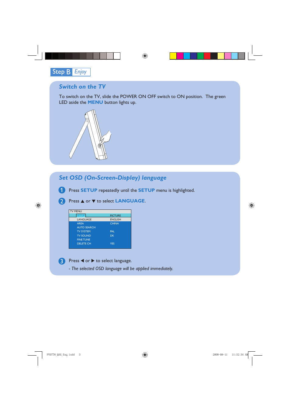 Switch on the tv, Set osd (on-screen-display) language, Enjoy | Philips PVD778 User Manual | Page 3 / 4