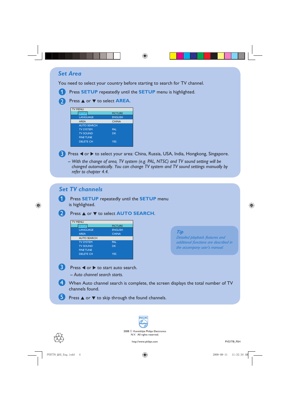 Set tv channels | Philips PVD778 User Manual | Page 4 / 4