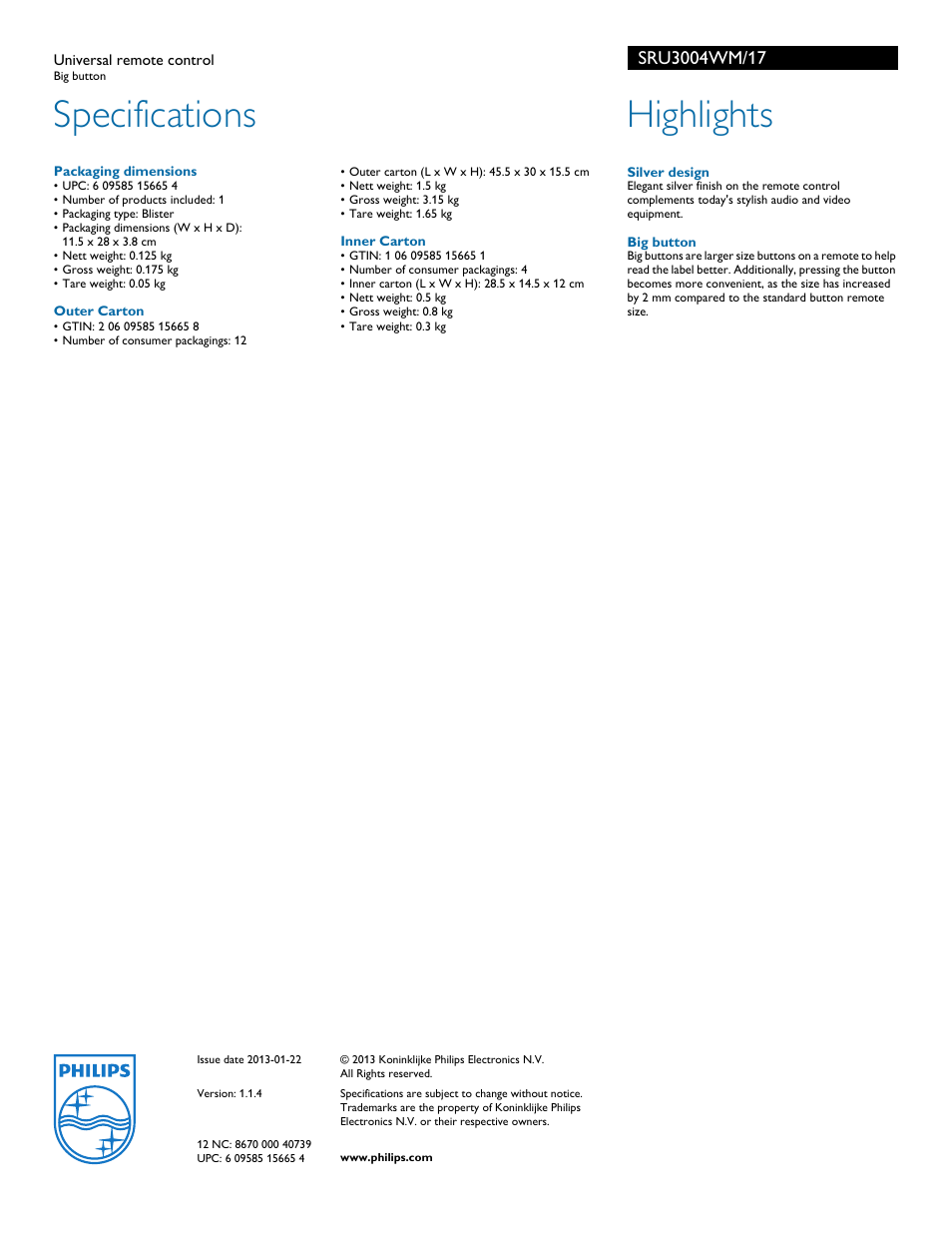 Specifications, Highlights | Philips SRU3004WM/ User Manual | Page 2 / 2