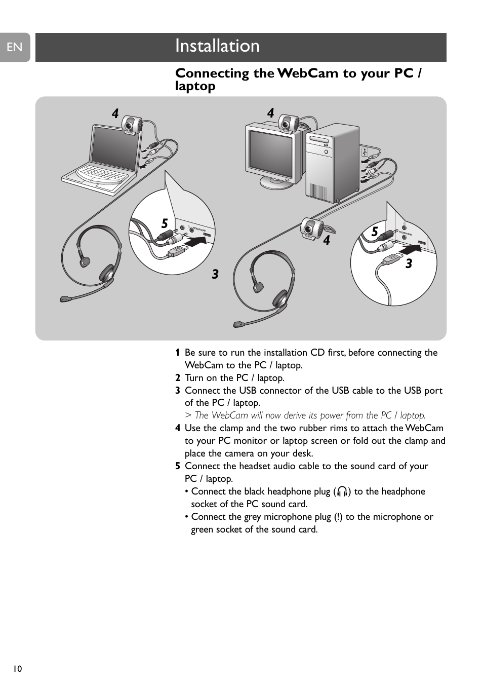 Installation, Connecting the webcam to your pc / laptop | Philips SPC315NC User Manual | Page 10 / 21