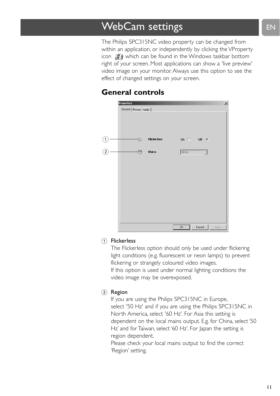 Webcam settings, General controls | Philips SPC315NC User Manual | Page 11 / 21