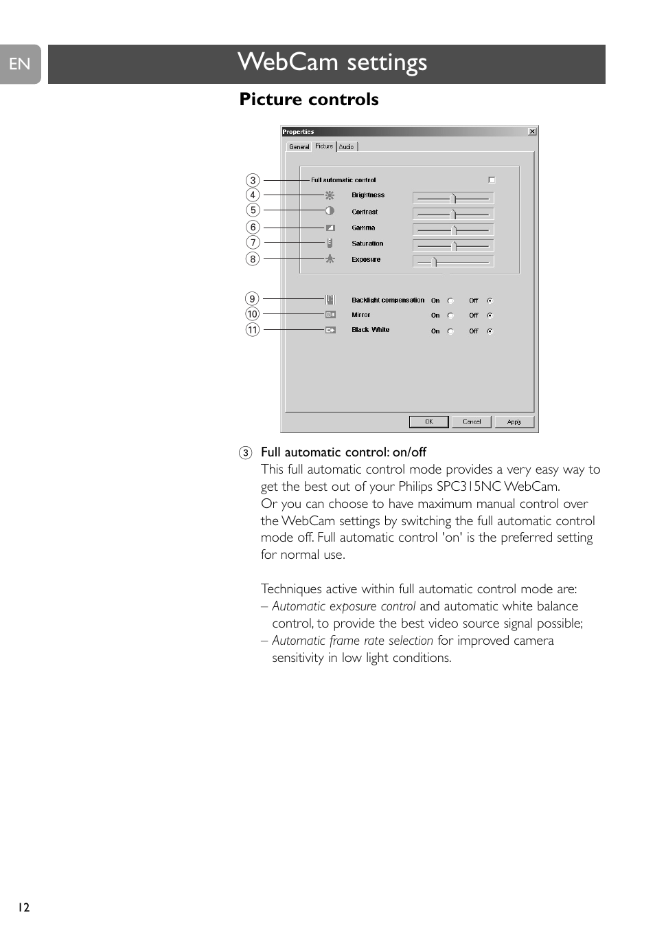 Webcam settings, Picture controls | Philips SPC315NC User Manual | Page 12 / 21