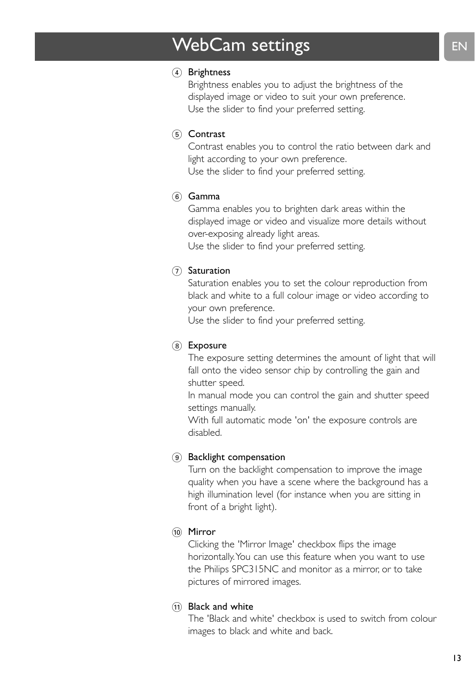 Webcam settings | Philips SPC315NC User Manual | Page 13 / 21