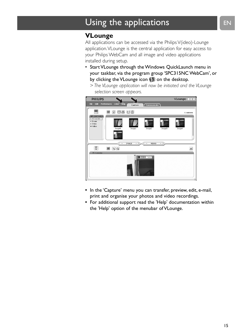 Using the applications, Vlounge | Philips SPC315NC User Manual | Page 15 / 21