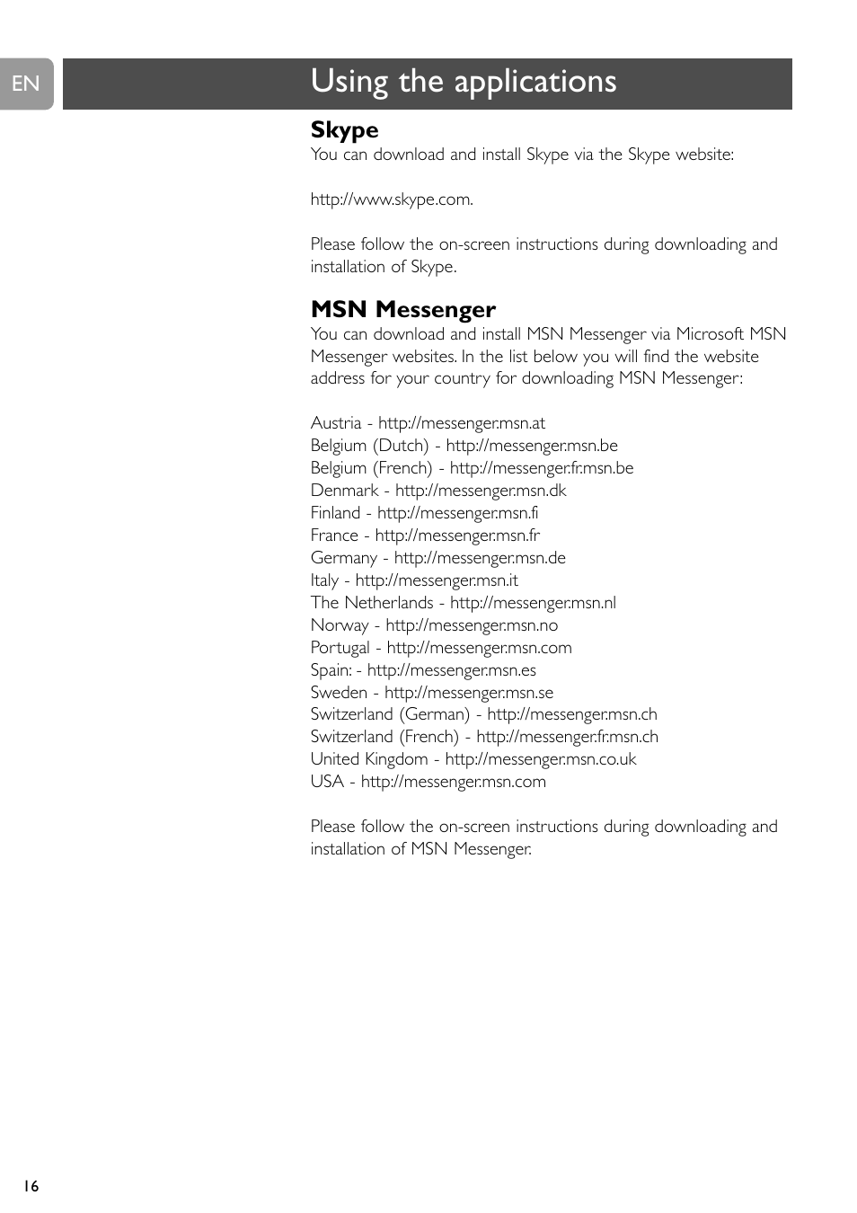 Using the applications, Skype, Msn messenger | Philips SPC315NC User Manual | Page 16 / 21