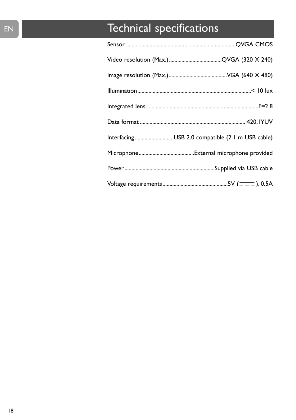 Technical specifications | Philips SPC315NC User Manual | Page 18 / 21