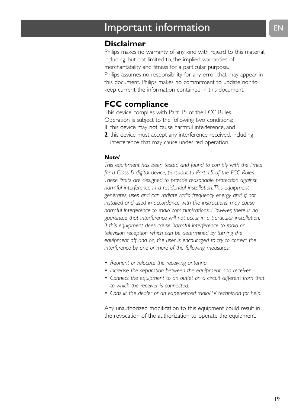 Important information, Disclaimer, Fcc compliance | Philips SPC315NC User Manual | Page 19 / 21