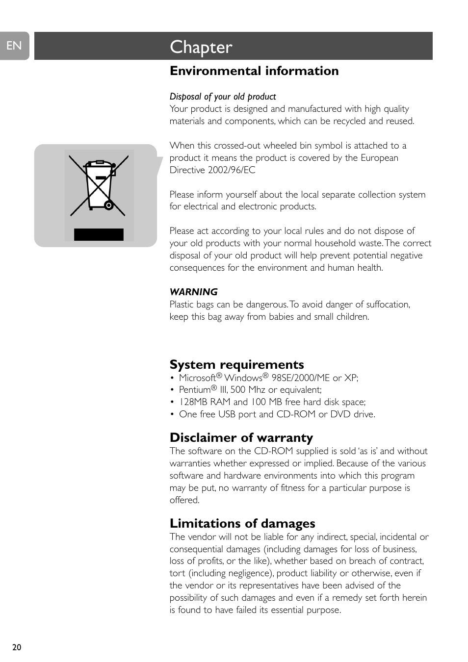 Chapter, Environmental information, System requirements | Disclaimer of warranty, Limitations of damages | Philips SPC315NC User Manual | Page 20 / 21