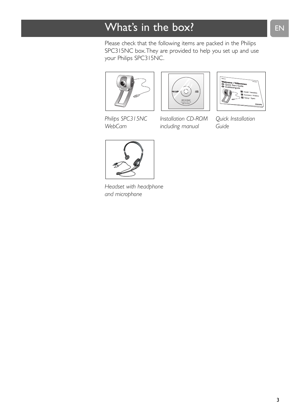 What’s in the box | Philips SPC315NC User Manual | Page 3 / 21