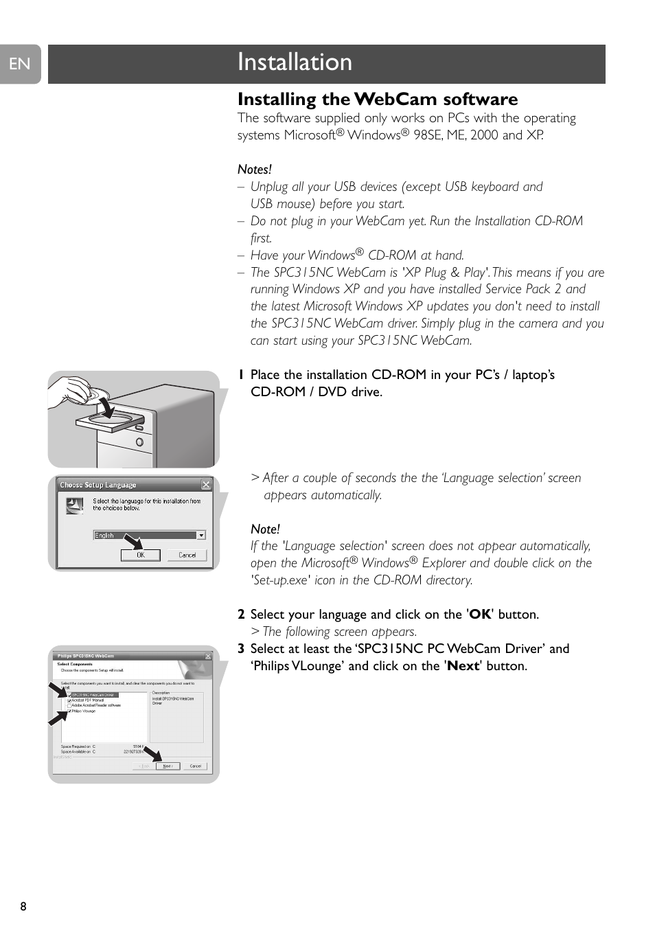 Installation, Installing the webcam software | Philips SPC315NC User Manual | Page 8 / 21