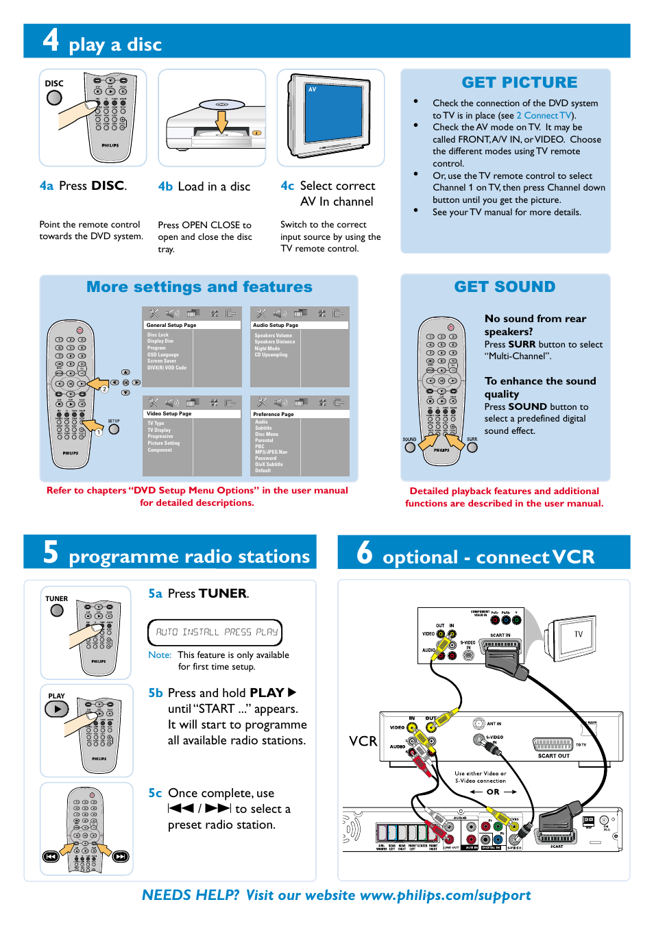 Play a disc, Programme radio stations, Optional - connect vcr | Get picture, More settings and features get sound | Philips HTS3500S User Manual | Page 2 / 9
