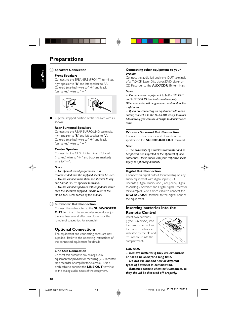 Preparations, Optional connections, Inserting batteries into the remote control | Philips FW-P900 User Manual | Page 10 / 33