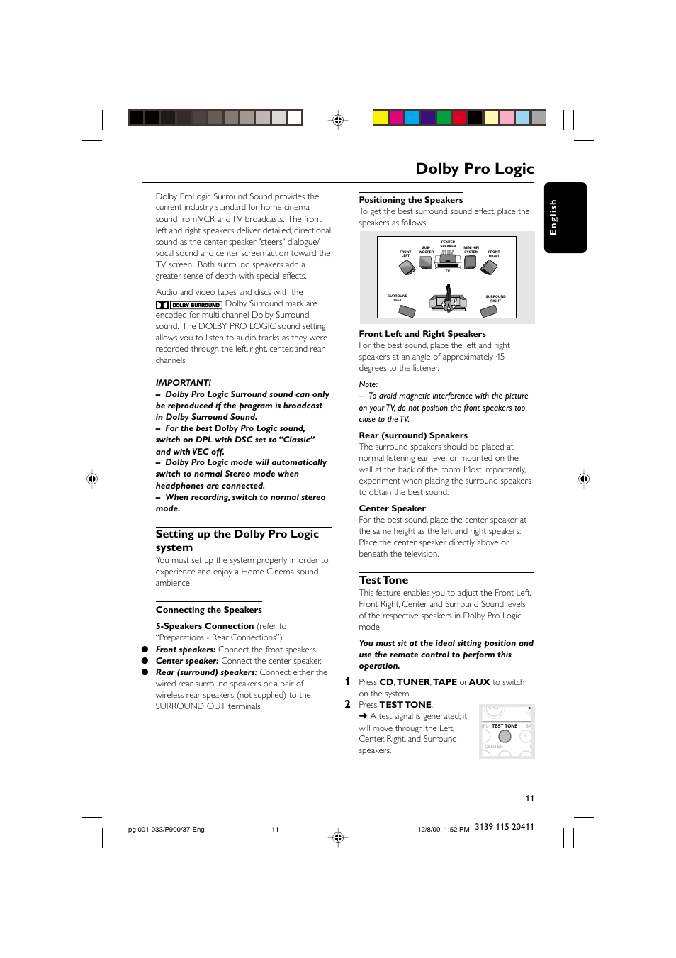 Dolby pro logic, Setting up the dolby pro logic system, Test tone | Philips FW-P900 User Manual | Page 11 / 33