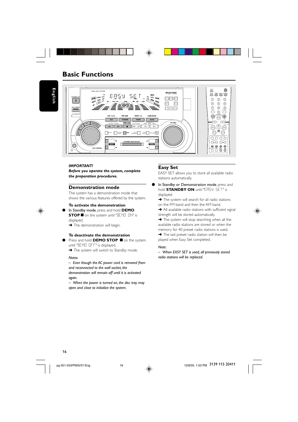 Basic functions, Demonstration mode, Easy set | Philips FW-P900 User Manual | Page 16 / 33