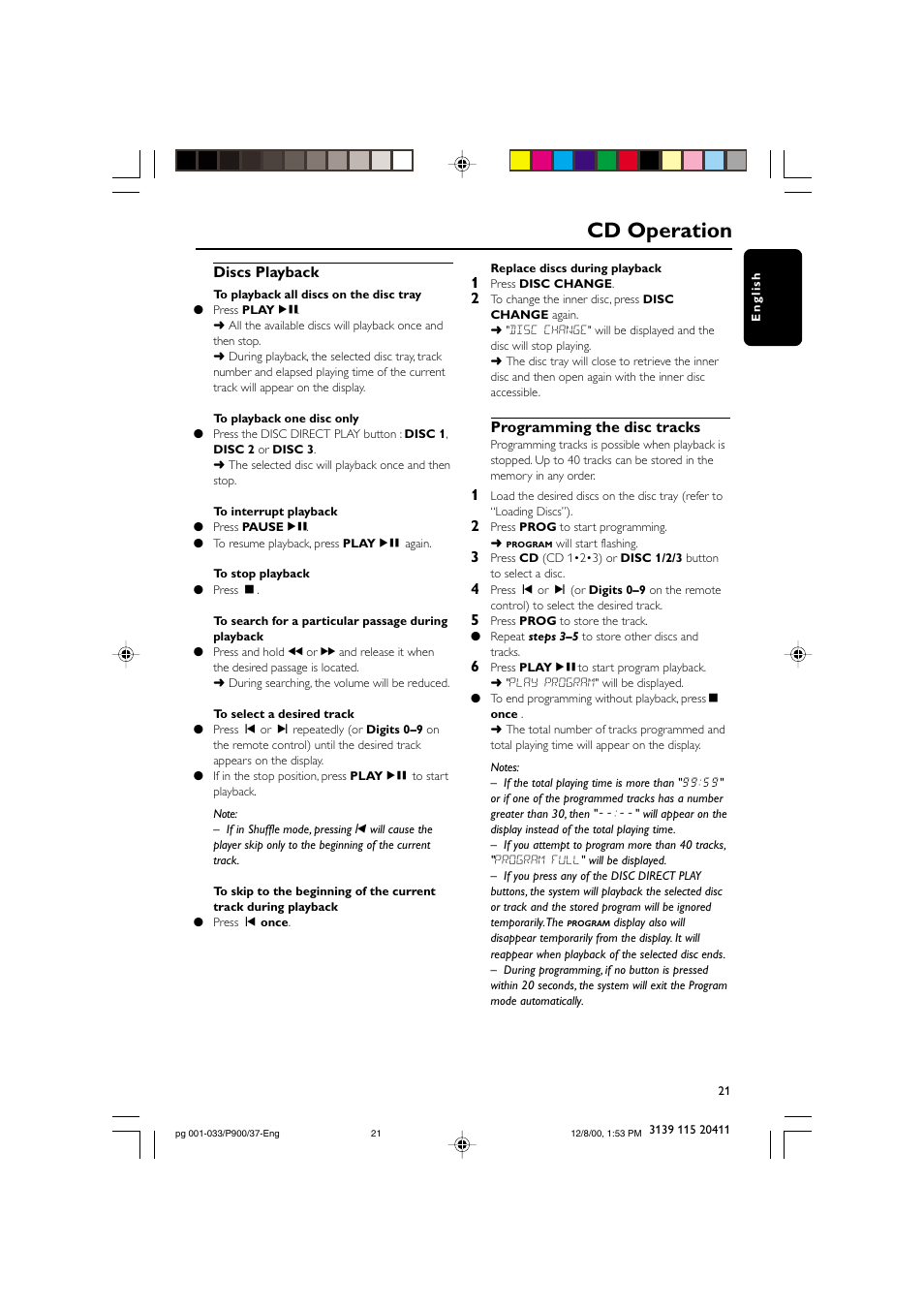 Cd operation, Discs playback, Programming the disc tracks | Philips FW-P900 User Manual | Page 21 / 33