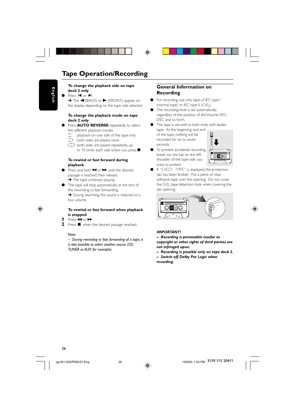 Tape operation/recording, General information on recording | Philips FW-P900 User Manual | Page 26 / 33