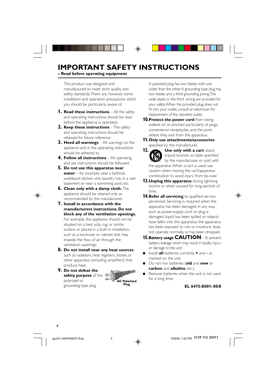 Important safety instructions, Caution | Philips FW-P900 User Manual | Page 4 / 33