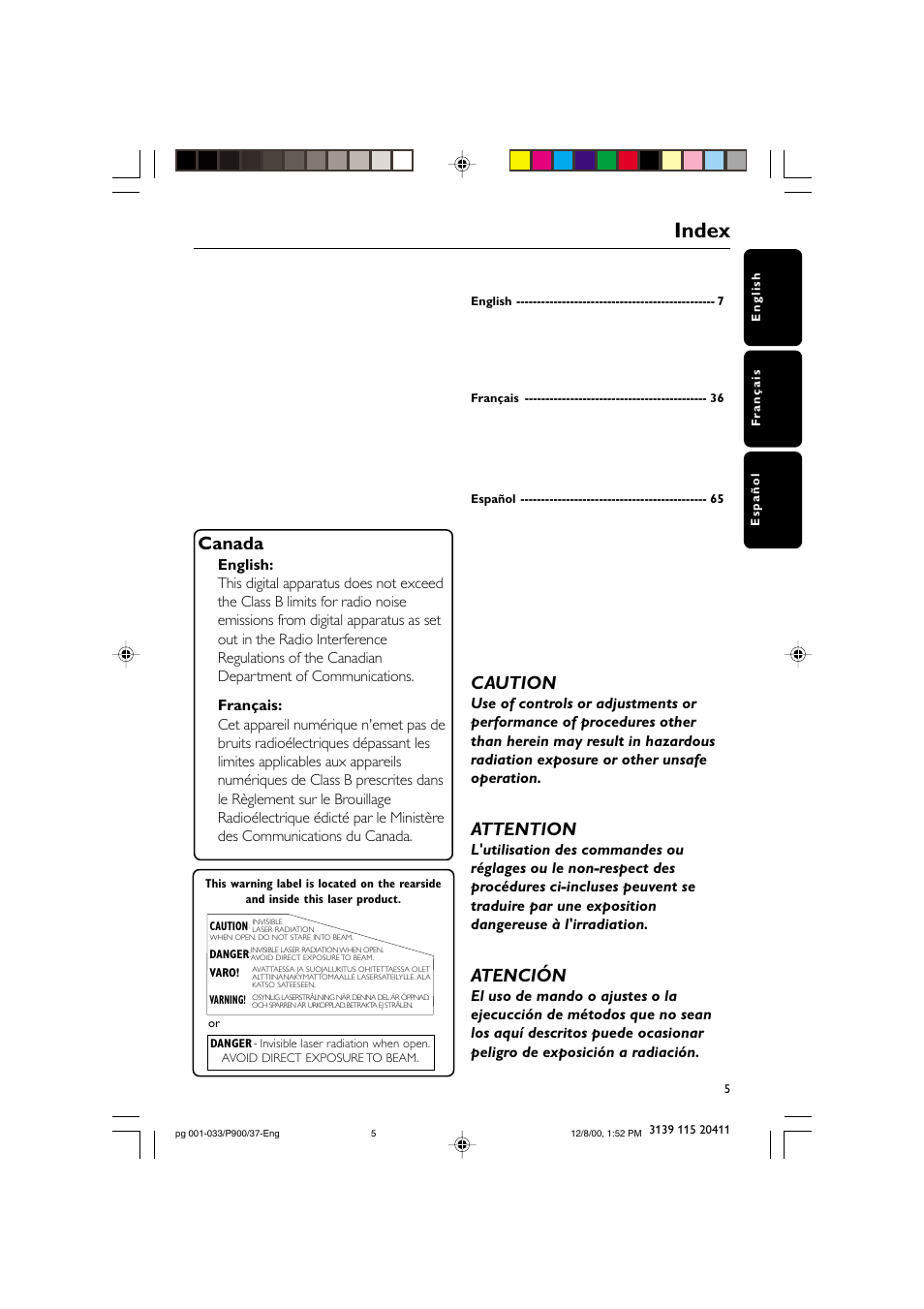 Index, Caution, Attention | Atención, Canada | Philips FW-P900 User Manual | Page 5 / 33