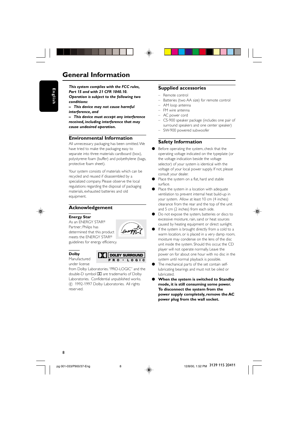 General information, Environmental information, Acknowledgement | Supplied accessories, Safety information | Philips FW-P900 User Manual | Page 8 / 33