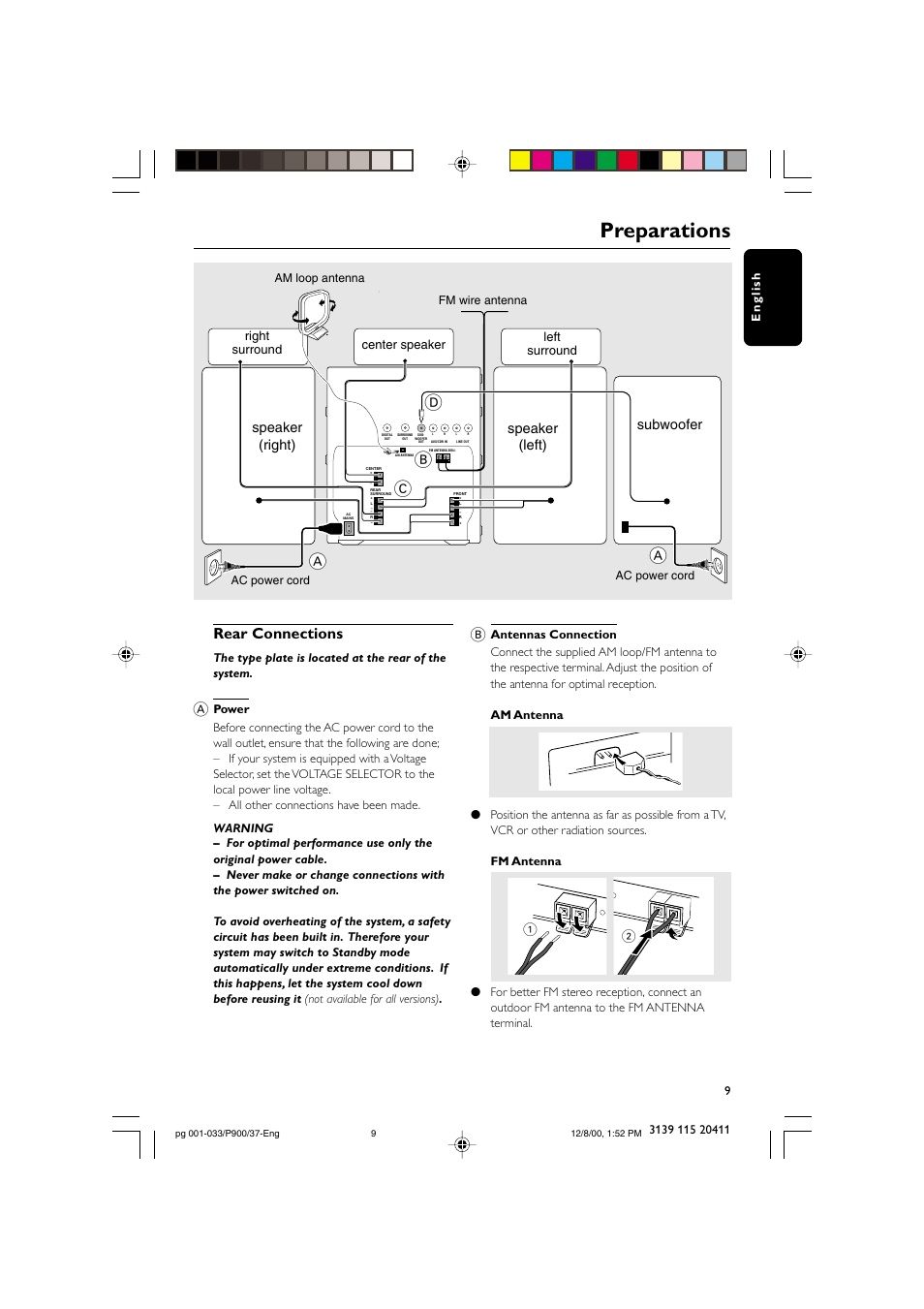 Preparations, Ab c d, Rear connections | Speaker (right), Speaker (left), Subwoofer, Center speaker, Left surround right surround | Philips FW-P900 User Manual | Page 9 / 33