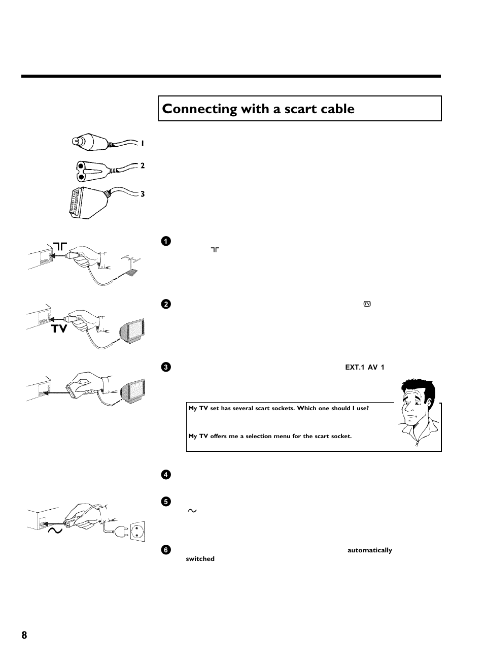 Connecting with a scart cable, Connecting the video recorder | Philips VCR VR 170/07 User Manual | Page 14 / 56